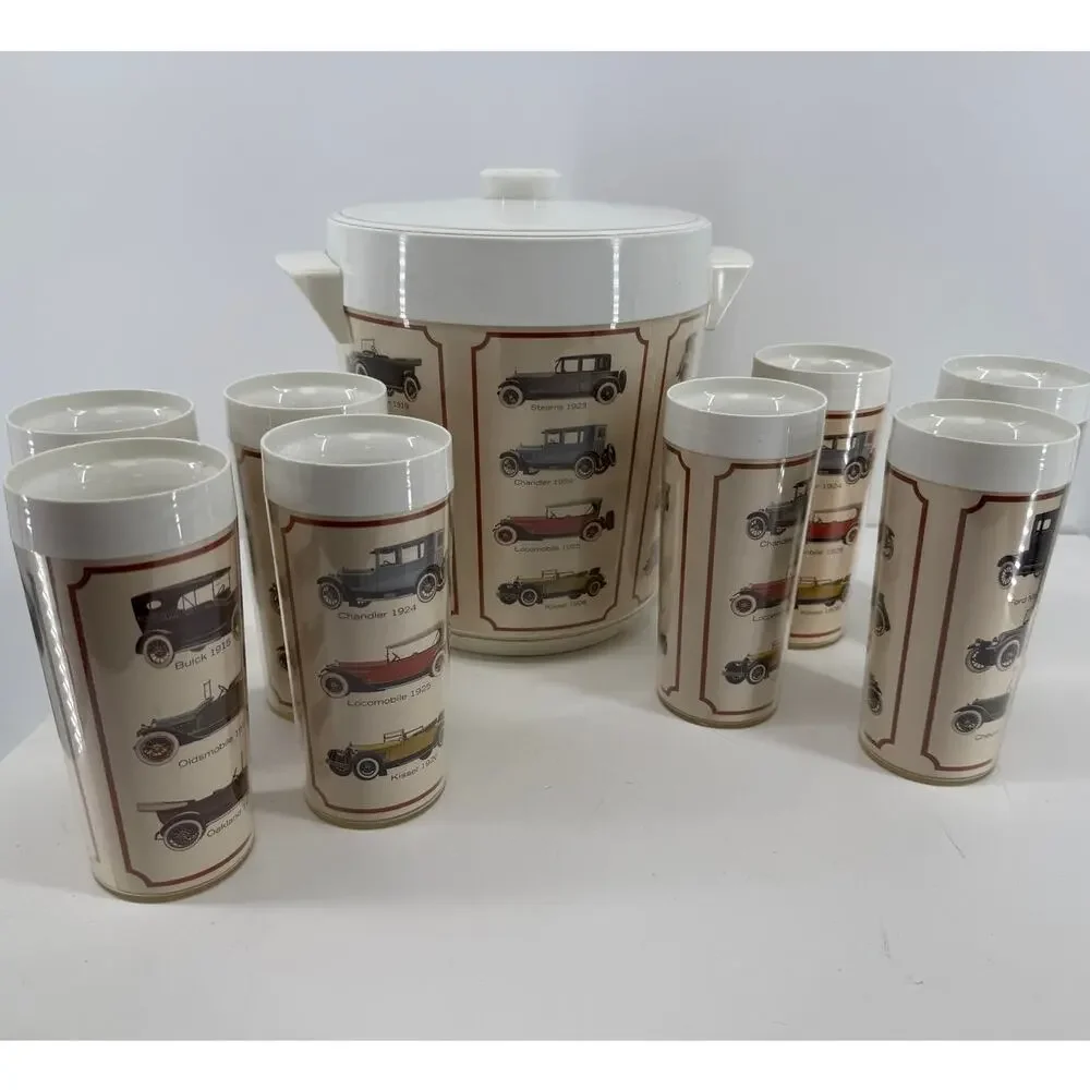 Thermo-Serv West Bend Vintage Automobile Drink Set Ice Bucket 8 Tumblers 6.5